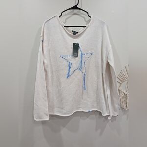 BNWT wild fable Cream Sweater with Sky Blue Star Stitching and Tassels